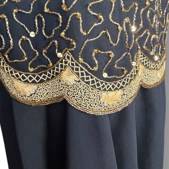 Vintage Beaded Black Gold Drop Waist Metallic Sequin Cocktail Dress Sleeveless 4 - Picture 9 of 14